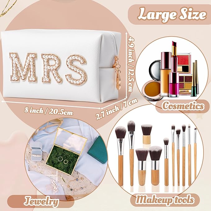 Y1tvei Large Bride Gold MRS Patch Varsity Letter Cosmetic Toiletry Pearl Rhinestone Letter Patches Makeup Bag PU Leather Waterproof Portable Zipper Big Travel Organizer for Wedding Bride Bridesmaid