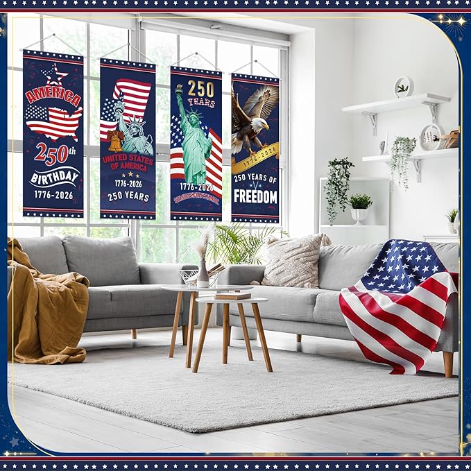 Panelee 4 Pcs 250th Anniversary Banner Decoration Patriotic American Flag Porch Banner 250th Anniversary Hanging Backdrop for Independence Day 4th of July Wall Indoor Outdoor Decor