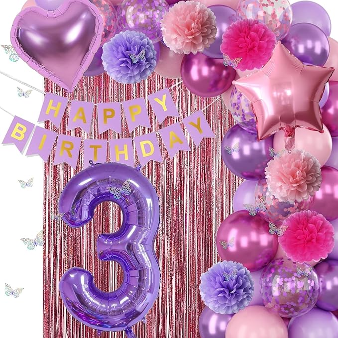 Pink Purple 3rd Birthday Party Decorations for Girls Number 3 Balloon Happy Birthday Banner Butterfly Stickers Fringe Curtain Paper Pom Poms Metallic Hot Pink Star Foil Balloons 3 Year Old Princess