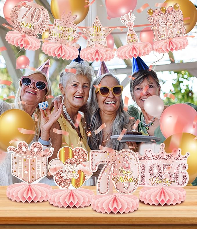 9 Pcs 70th Birthday Decoration for Women Happy 70th Birthday Table Honeycomb Decorations Rose Gold Pink Centerpieces Tables Toppers1956 Decor Cheers to 70 Years Old Birthday Party Favors