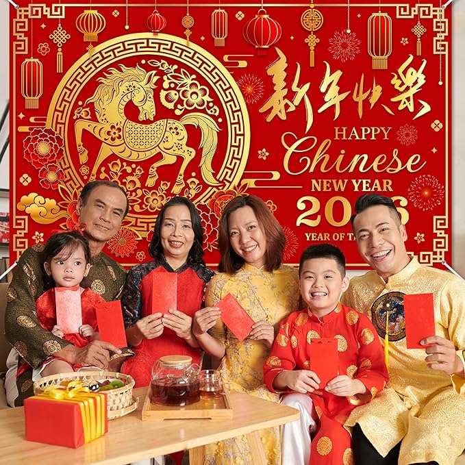 Mocsicka Chinese New Year Backdrop 2026 Lunar Horse Year Photography Background for Chinese Spring Festival Family Party Supplies (8x6ft)