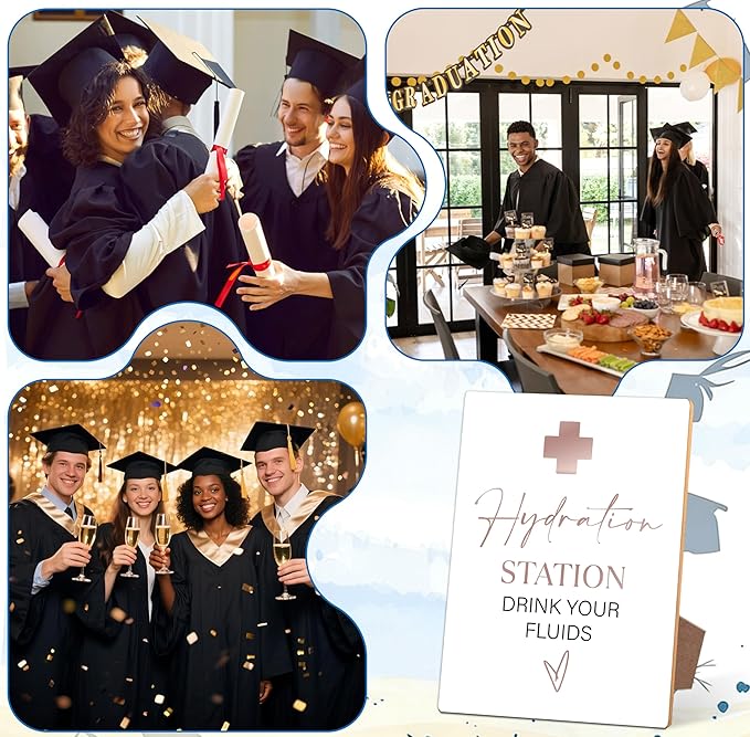Graduation Hydration Station Bar Sign - Ornaments for Nurse Doctor Retirement Party, Graduation Centerpieces for Tables 2026, 8×11 Wooden Sign with Stand