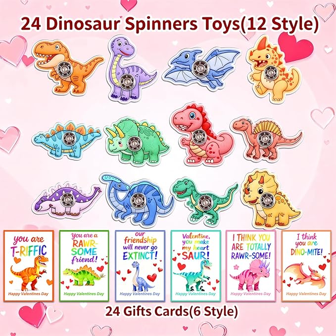Valentines Day Gifts for Kids, 24 Pack Valentines Day Cards with 24 Dinosaur Fidget Spinners, Valentines Day Gifts Exchange for Kids, Valentines Gifts Party Favors for Classroom School