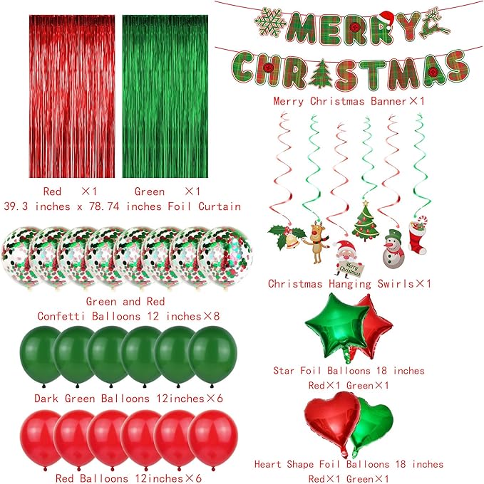 Christmas Party Decoration Supplies Christmas Balloons Merry Christmas Banner Hanging Swirls Red and Green Metallic Fringe Curtains Christmas Decor