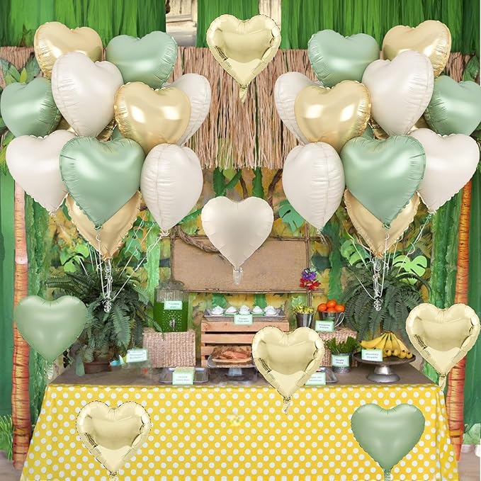 Sage Green Gold Heart Balloons, 12PCS Green Gold Heart Shaped Foil Balloons, 18Inch Green Cream White Heart Helium Foil Balloon for Jungle Woodland Birthday Wedding Baby Shower Party Decoraion