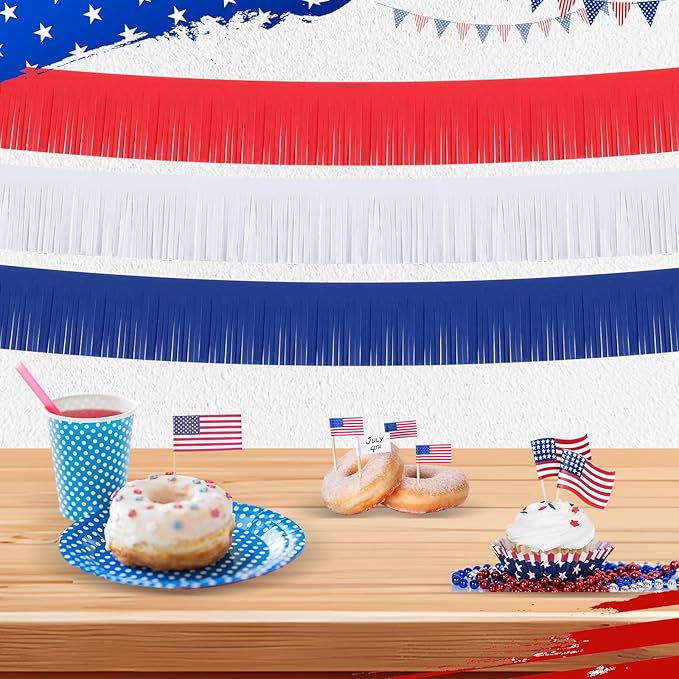 Taiyin 12 Pack 120 Feet 4th of July Decor Patriotic Fringe Garland Red White Blue Paper Fringe Garland Streamers Banner Independence Day Hanging Backdrop Table Skirts for Memorial Day Birthday Party