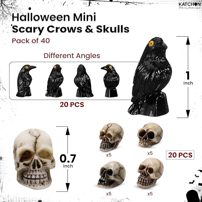 KatchOn Miniature Crows and Skulls – Pack of 40 | Halloween Decor Indoor, Outdoor | Halloween Decorations & Party Supplies | Skull Heads, Realistic Birds Decoration for Spooky Decor