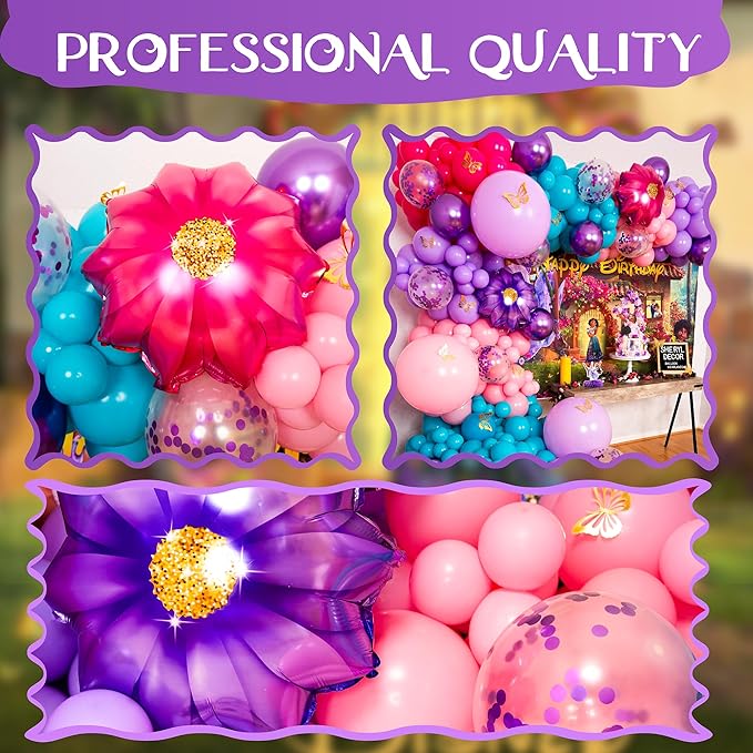 ALL-IN-1 Purple Blue Pink Balloon Arch Kit with BONUS Flower – Different Sizes Teal, Pink, Purple & Confetti balloons for Kid Magic Baby Shower Birthday Engagement Party Decorations & Party Supplies