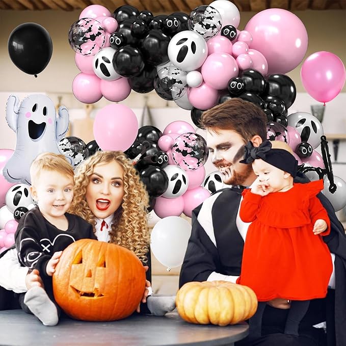 Halloween Balloon Arch Kit, Black Pink Balloons Garland Arch Kit with Large Ghost and BOO Foil Balloon, Eyes Bat Ghost Printed White Balloons For Halloween Decorations Home Garden Party Supplies