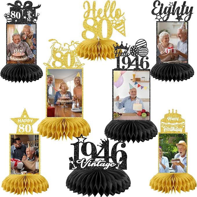 8Pcs 80th Birthday Decoration for Men Women Happy 80th Birthday Honeycomb Centerpieces 80th Birthday Table Party Decorations Black and Gold Cheers to 80 Years Decor 1946 Birthday Party Favors