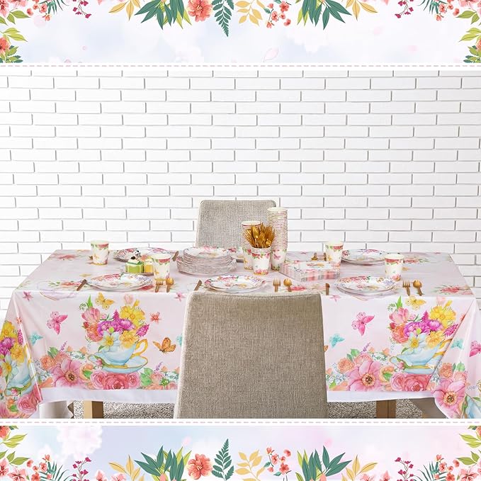 352 Pcs Tea Party Disposable Tableware Set Tea Party Supplies Serve 50 Guests Paper Plates Cup Napkin Plastic Cutlery Tablecloth for Wedding Bridal Birth Baby Shower Dinner