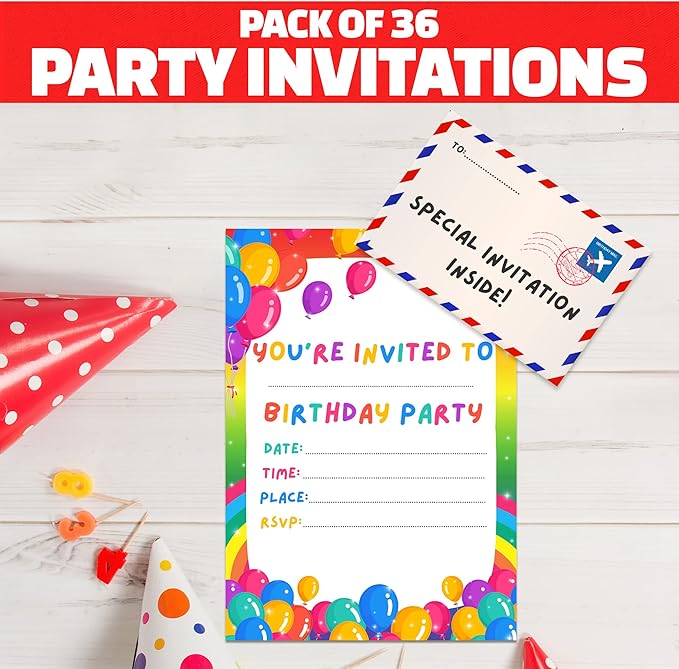 36 Kids Childrens Birthday Party Invitations with Folding Envelope Design and Holographic Stickers (Rainbow)