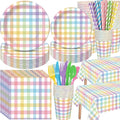 452 Pcs Pastel Easter Party Decoration for 50, Spring Easter Paper Plates Napkins Cups Tablecloth Cutlery Straws Rainbow Pastel Gingham Plaid Tableware for Spring Birthday Party Supplies