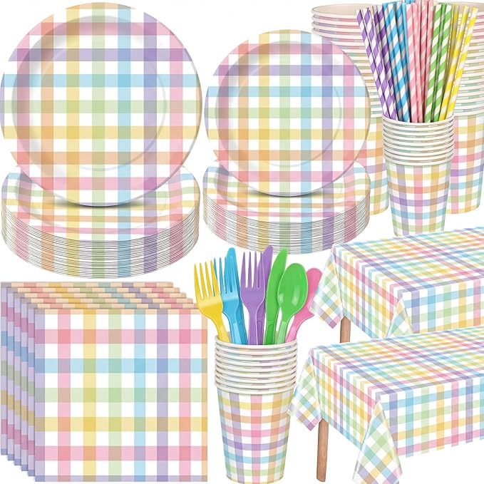 452 Pcs Pastel Easter Party Decoration for 50, Spring Easter Paper Plates Napkins Cups Tablecloth Cutlery Straws Rainbow Pastel Gingham Plaid Tableware for Spring Birthday Party Supplies