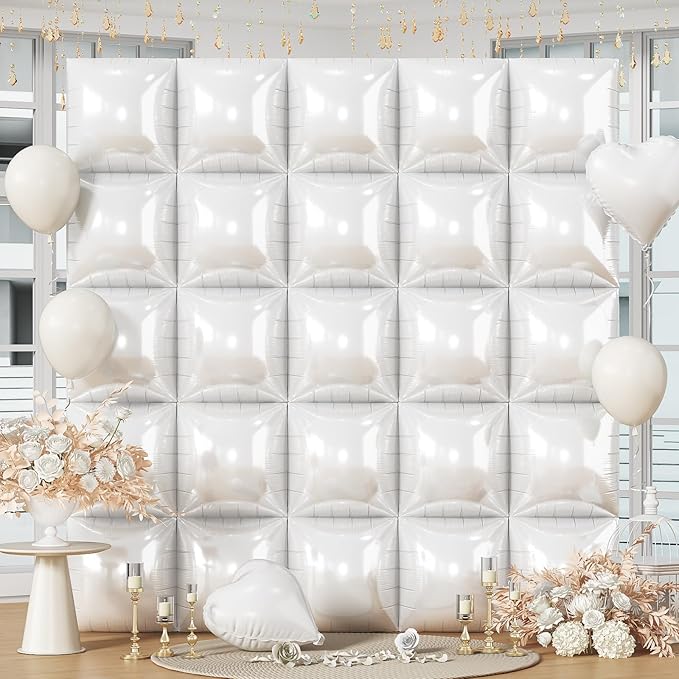 White Square Foil Balloons Wall, 25PCS Double Sided Pearl White Balloons Backdrop Wall Tunnel Arch Kit Background Decorations for Girl Women Birthday Wedding Baby Shower Bridal Engagement Heaven Party