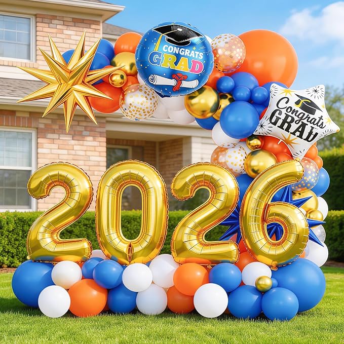 Orange Blue Gold Balloon Arch Kit, Graduation Balloons Garland, 2026 Graduation Decorations Blue and Orange Gold Balloons with Foil Star Confetti Balloon for Class of 2026 Party Decor