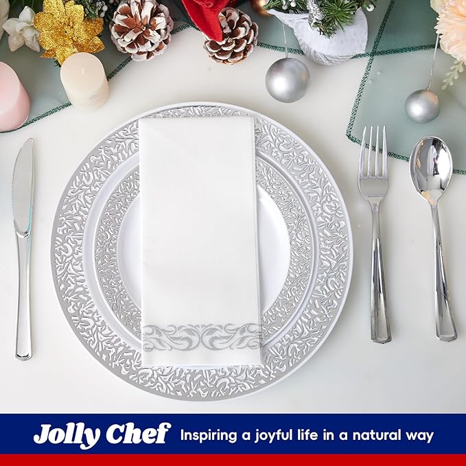 𝟐𝟏𝟎 Count Silver Plastic Dinnerware, Silver Disposable Plates, Includes 30 Dinner & 30 Dessert Plates & 30 Cups & 30 Paper Napkins & 30 Plastic Silverware Set