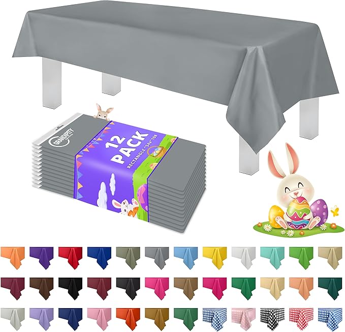 Grandipity 12 Pack Premium Disposable Plastic Tablecloth 54 Inch. x 108 Inch. Decorative Rectangle Table Cover - Silver