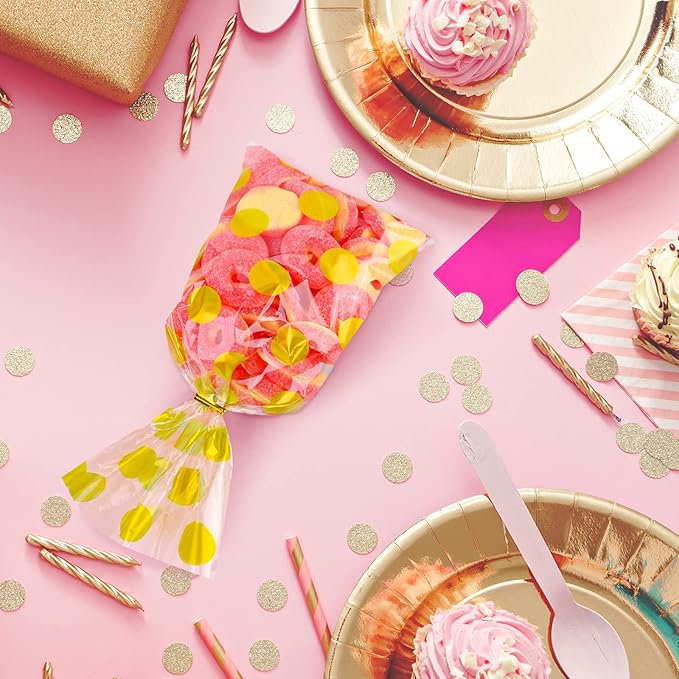 Aodaer 100 Pieces 10.6 x 5.1 In Gold Cellophane Bags Plastic Candy Bag Cellophane Treat Bags Polka Dot Stripes Printed Pattern Goodie Gift Bag with Twist Ties for Birthday, Baby Showers, Weddings Party Supplies