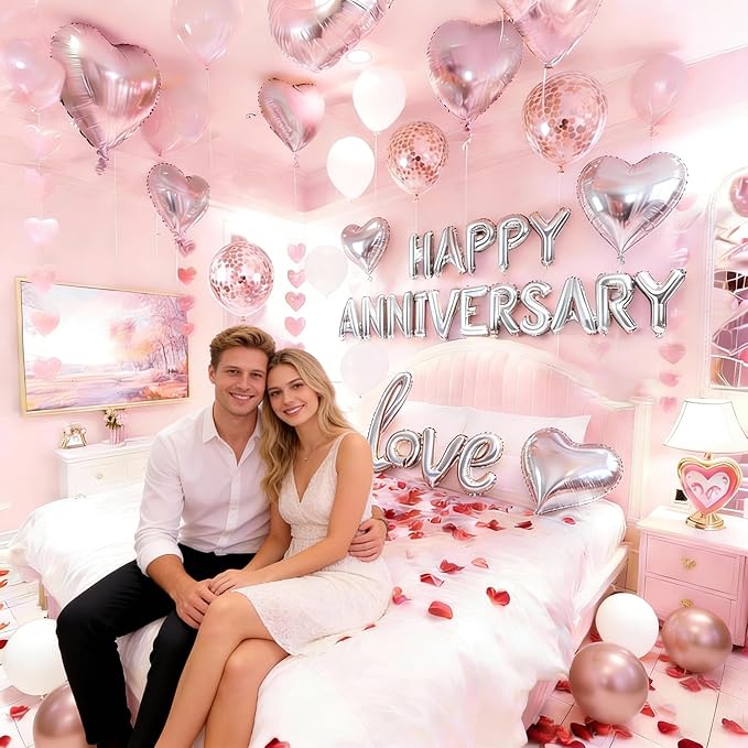 Rose Gold Anniversary Decorations Kit – 1000 Rose Petals, Happy Anniversary Banner, Love Heart Balloon – Romantic Room Decor Set for Wife, Husband, Parents, Valentine's Day Anniversary Surprise