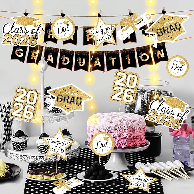 OuMuaMua Graduation Decorations Class of 2026-30pcs White and Gold Graduation Table Centerpieces Sticks Table Toppers with Lights for College High School Congrats Grad Party Supplies