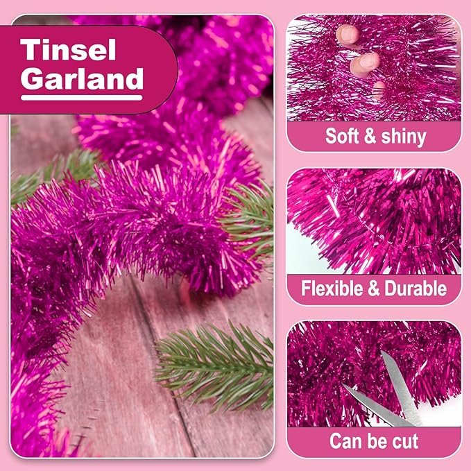 25 Feet Christmas Tinsel Garland, Metallic Twist Garland Wall Hanging Tinsel Garland Backdrop for Parade Floats, Carnival, Birthday, Wedding, New Year Party Decorations (Fuchsia, 4in x 25ft)