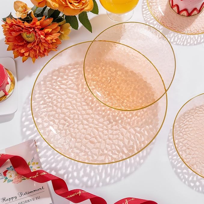 Rubtlamp 175 Pcs Plastic Dinnerware Set (25 Guests), Orange And Gold Plastic Plates, Hammered Party Plates Set Include Dinner Plates, Dessert Plates, Cups&Cutlery Set And Napkins for Wedding And Party