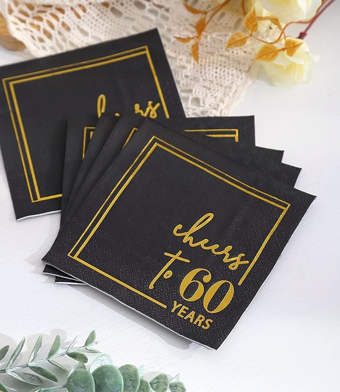 Cheers to Years Cocktail Napkins - 50 PK - 3-Ply Birthday Napkins 5x5 Inches Disposable Party Napkins Beverage Paper Napkins or Birthday Decorations Wedding Anniversary Black and Gold (60 Years)