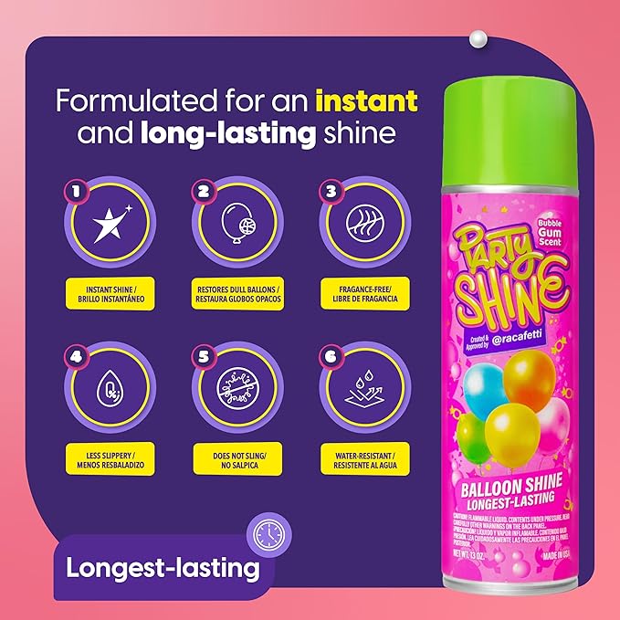 Party Shine Bubble Gum Balloon Shine Spray, Silicone Spray for Latex Balloons, Sweet Bubble Gum Scent, Waterproof, Non-Slip Formula, Balloon Spray Shine Perfect for Party Decorations, 13oz (1 Pack)