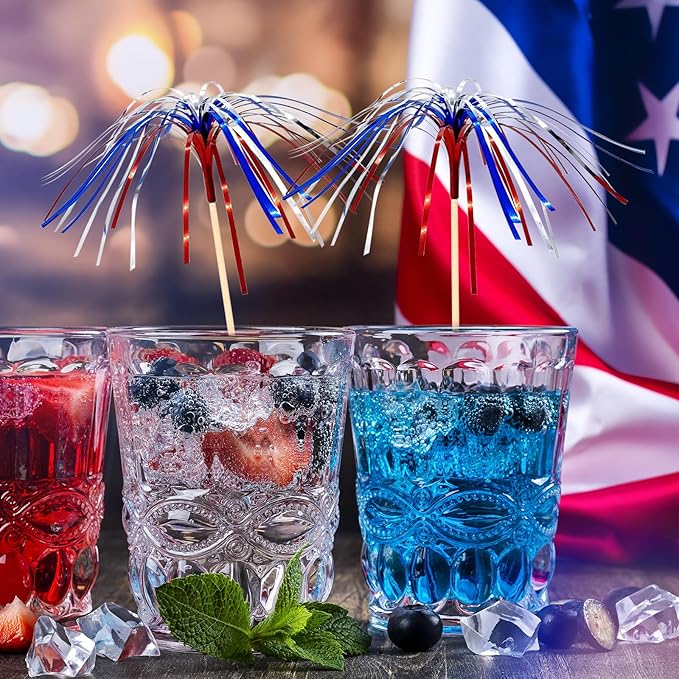 100 Pack 4th of July Cocktail Picks,6inch Patriotic Fireworks Toothpicks for Appetizers,Red White Blue Bamboo Skewers Sticks for Fourth of July Party Supplies Independence Day Decorations