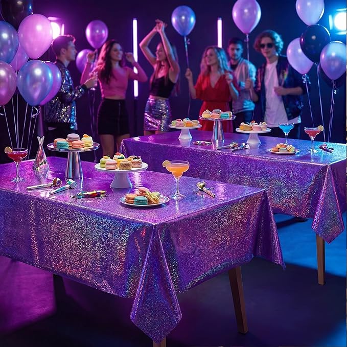 Purple Birthday Decorations - 2 Pack Laser Purple Tablecloth for K‑Style Demon Music Theme Birthday Decorations - Pink Party Decor for Korean Pop,Iridescent Party Decorations for Bachelorette Bridal