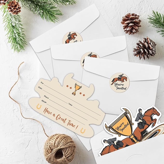 REWIDPARTY Horse Race Party Invitations with Envelopes & Stickers（Set of 15）Horse Racing Champion Shaped Fill-in Invitations Kentucky Derby Invite Cards Horse Race Party Supplies for Teens Adults