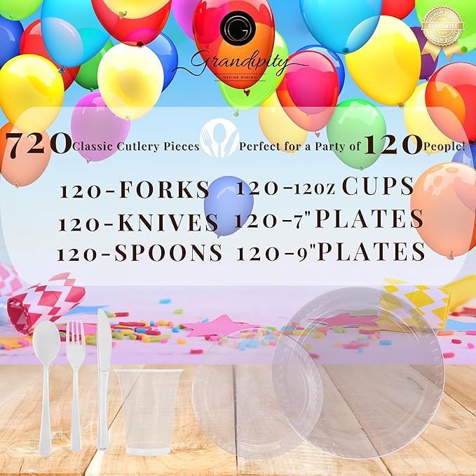 Grandipity 720 Piece Clear Disposable Dinnerware Set, Plastic Dinnerware Set Includes 120 Count 9' Dinner Plates, 7' Dessert Plates, 12oz Cups, Forks, Knives & Spoons