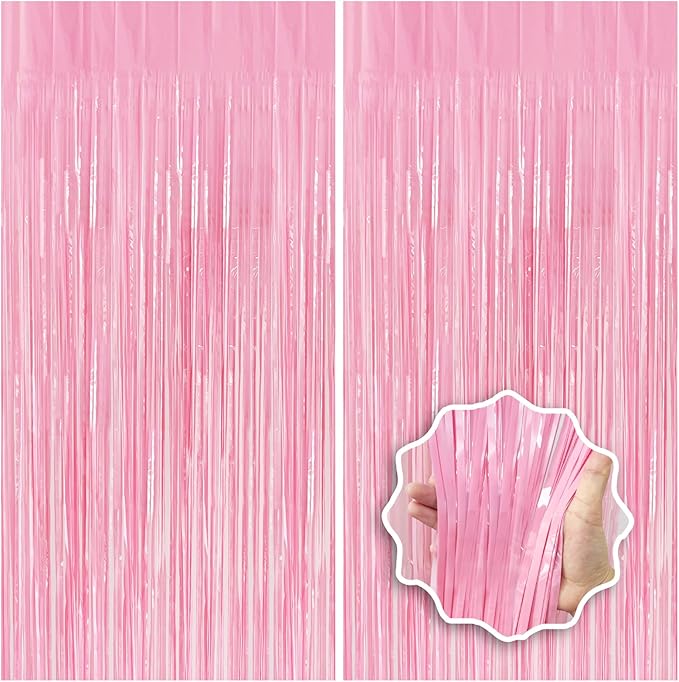 Pastel Pink Birthday Party Backdrop Decorations Foil Fringe Curtain 3.3x8.2ft 2 Pack, Pink Streamers Background Party Decorations Wall Door Hanging for Baby Valentines Barbie Princess Bachelorette