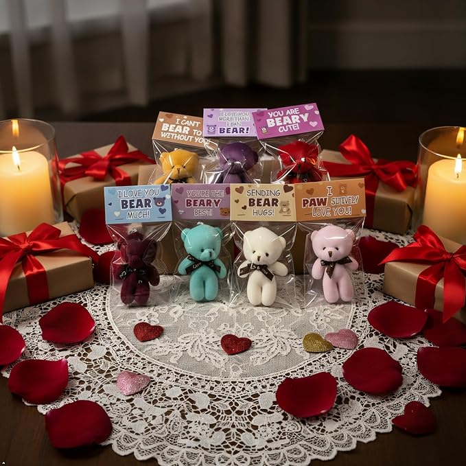 24 Pcs Valentines Gift Cards for Kids with Plush Bears Plush Toys Stuffed Animal Plush Toys for Kids Girls Boys Valentines Gifts Party Favors Classroom School Exchange Prize