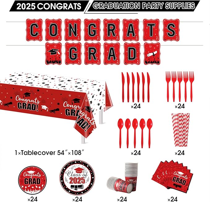 Graduation Party Supplies Congrats Grad Decorations Class of 2025, Disposable Plates and Napkins with Banner Tablecloth Cups Dinnerware Sets for Graduation Decor, Serves 24 (Red and White)