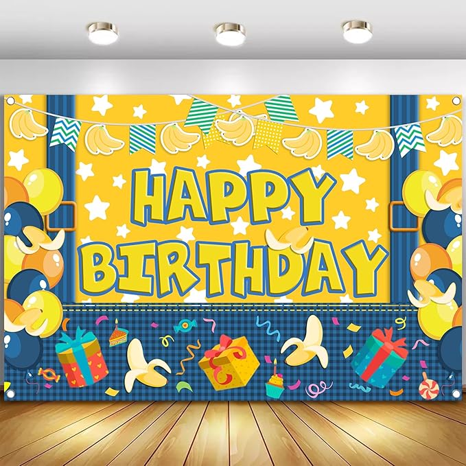 5x3ft Yellow Cowboy Cartoon Theme Backdrop Cartoon Banana Photography Background Kids Boys Girls Birthday Party Decorations Photo Booth Banner Props