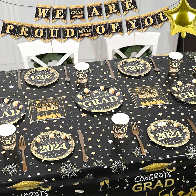 204Pcs Graduation Party Decorations Class of 2024- Graduation Party Supplies with Grad Backdrop, Banners, Balloons Kit,Paper Plates,Cups,Napkins,Cutlery,Tablecloth and CupCake Toppers-Black & Gold