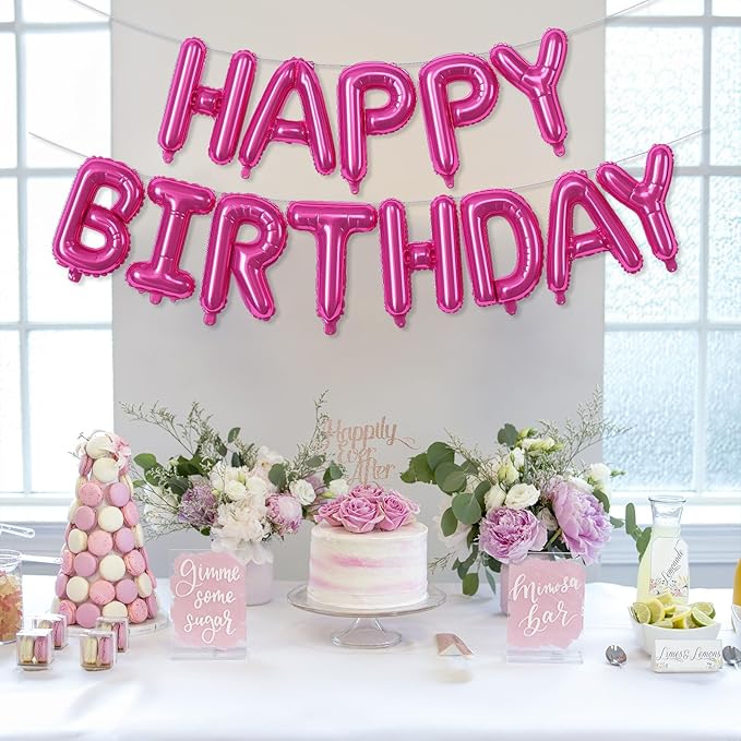 Happy Birthday Balloon Banner - 16 Inch Hot Pink Foil Mylar Sign Bunting Self Inflating Letter Balloons for Girls Women Party Decorations Supplies