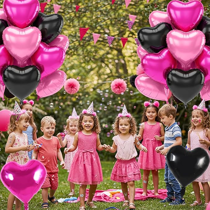 TONIFUL 30Pcs 18 Inch Black Pink Hot Pink Balloons Heart Shape Foil Mylar Banners Decoration for Birthday Valentine's Day Wedding Bridal Shower Anniversary Engagement Party Supplies