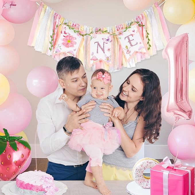 Highchair Banner 1st Birthday Girl Floral and Butterfly Fairy Theme First Birthday Party Decoration for Photo Background