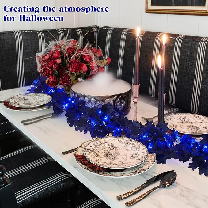 Halloween Garland Decor Indoor Table Decorations Fall Wall Hanging Artificial Black Maple Leaf Vine Decorations for Home (2 Pcs Blue Light, Set with Light)