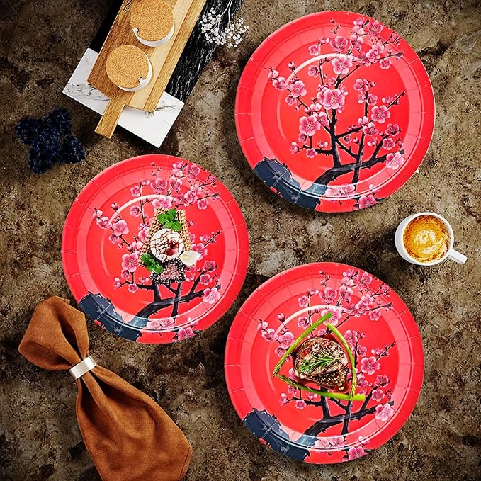 50Pcs Chinese New Year Party Supplies Chinese Japanese Cherry Paper Plates 7"Cherry Blossom Dessert Plates Flowers Plates for Birthday Wedding Chinese New Year Spring Festival Decorations (Red)