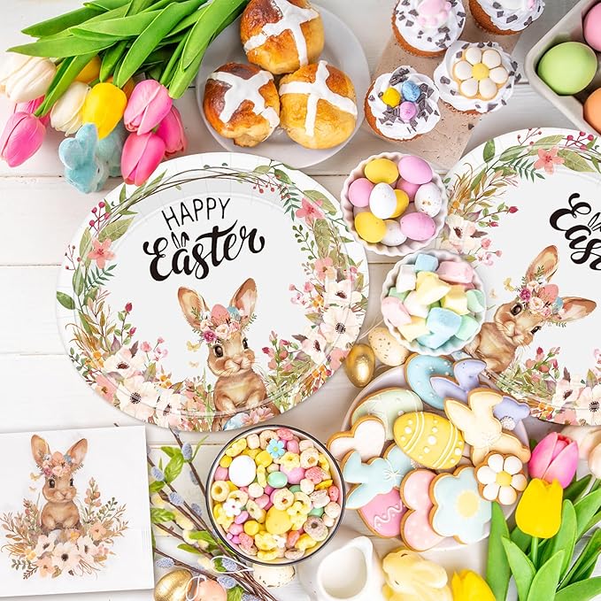 50Pcs Easter Paper Plates and Napkins Set Serve 25 Guests 10" x 12.5" Large Oval Plates and 6.5'' Napkins, Disposable Heavy Duty Easter Tableware Set Plate Bunny Egg Dinnerware Party Supplies