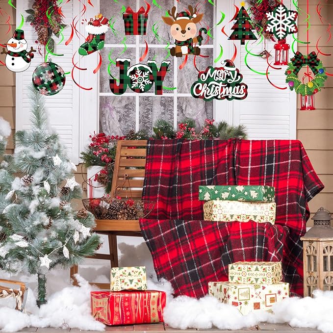 Sumind 30 Pcs Christmas Swirl Ceiling Hanging Decorations Set Xmas Holiday Snowman Elk Sign Hanging Foil Christmas Indoor Decorations for Ceiling Xmas Holiday Party Decor(Red, Green)