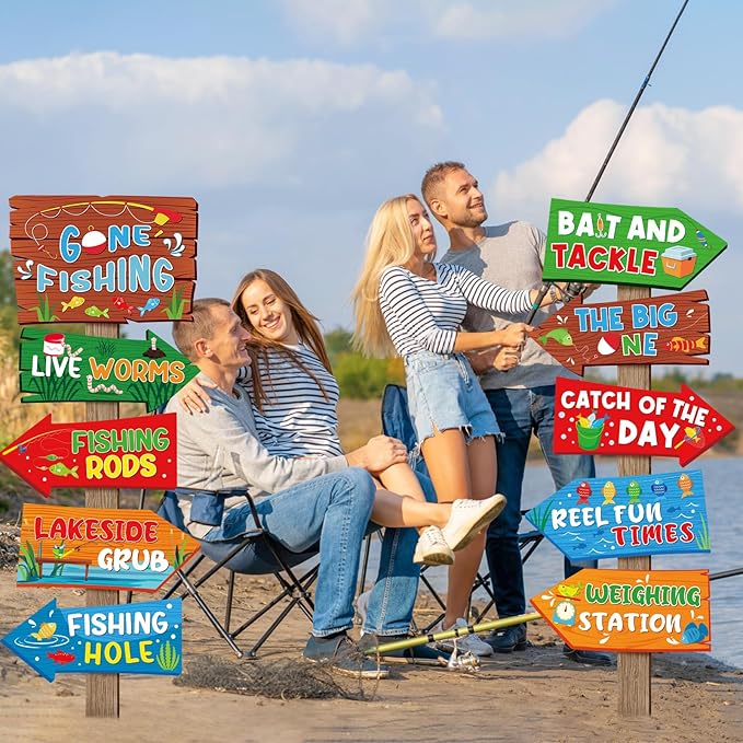Hooqict 20 Pieces Gone Fishing Sign Fishing Birthday Party Decorations Welcome Direction Signs for Kids Summer Birthday Party Supplies Retirement Decorations Baby Shower Fish Cutouts