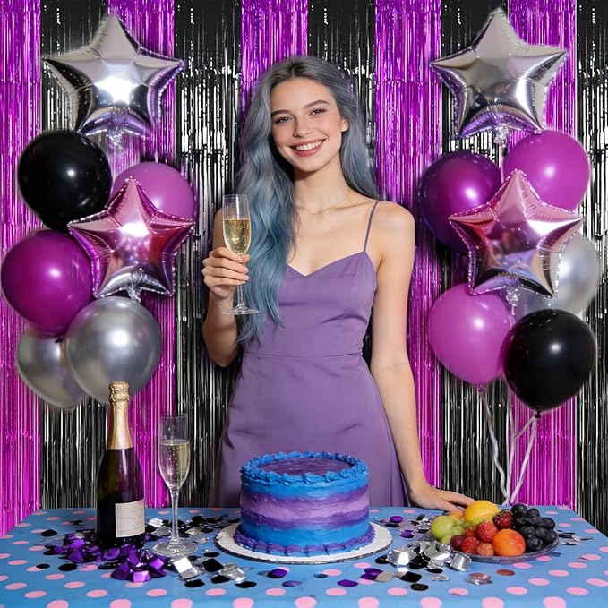 TONIFUL Black Hot Pink Door Streamers,Black and Pink Photo Booth Backdrop Metallic Streamers Foil Fringe Curtain for Birthday,New Year,Graduation,Grad,Baby Shower Party Streamers Decoration