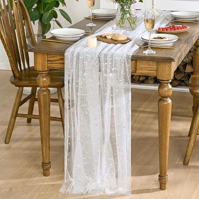 Horaldaily White Silver Sparkling Star Gauze Tablecloth 60x104 Inch Rectangular, Silver Star Sequin Glitter Metallic Foil, Sheer Tulle Cheesecloth for Wedding Baby Shower Party