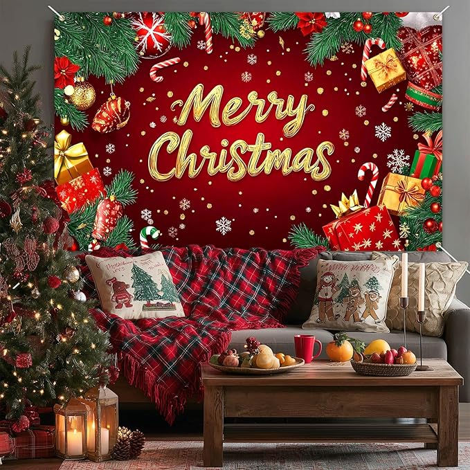 Merry Christmas Banner Red Gold Gifts Snowflakes Candy Canes 71x43 Inch Holiday Decorations for Indoor Outdoor Party Supplies Xmas Home Decor Festive Backdrop Celebration