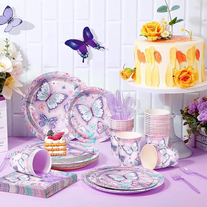 Butterfly Party Decorations 168pcs Butterfly Plates Napkins Cups Disposable Tableware Set Floral Butterflys Birthday Party Supplies for Girls Birthday Baby Shower Bridal Shower Serves 24 Guests